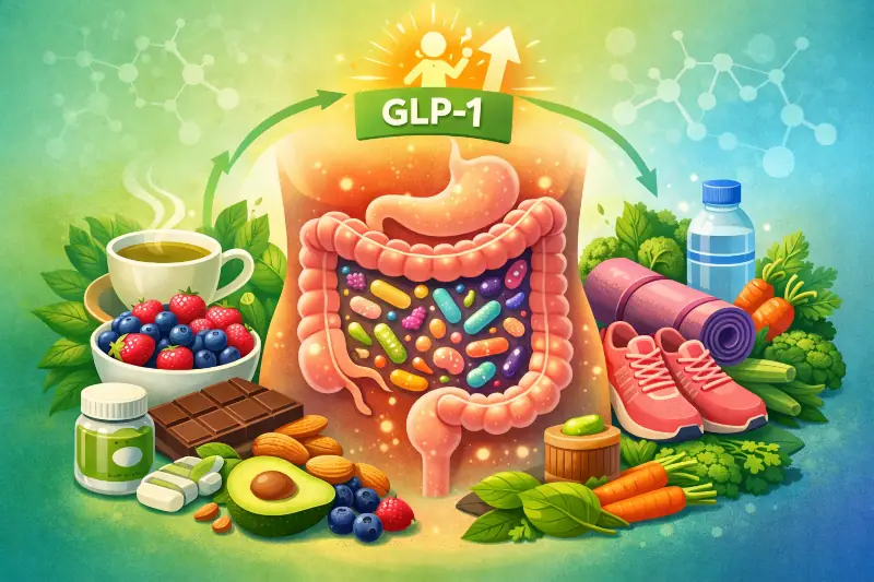 body showing the gut, surrounded by natural GLP-1 enhancers: fruits, vegatables, exercise, water, berries