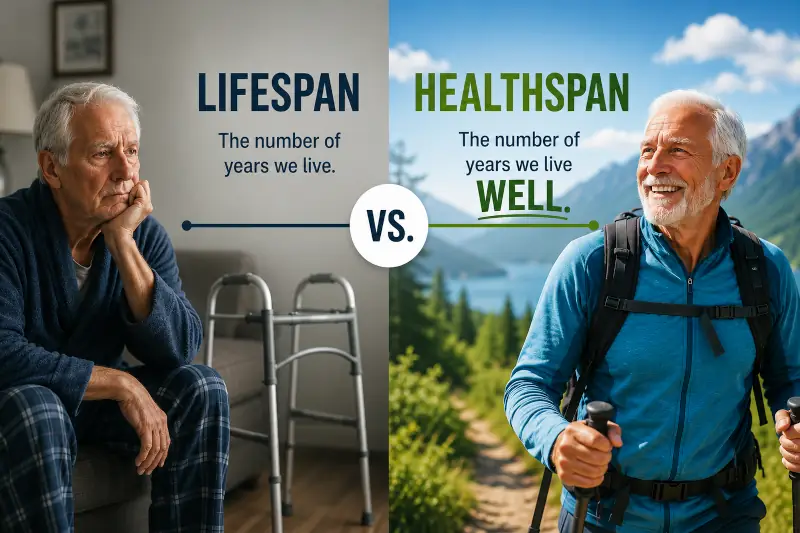 An older man on left sitting in pajamas with a walker; the same man on right hiking in the mountains